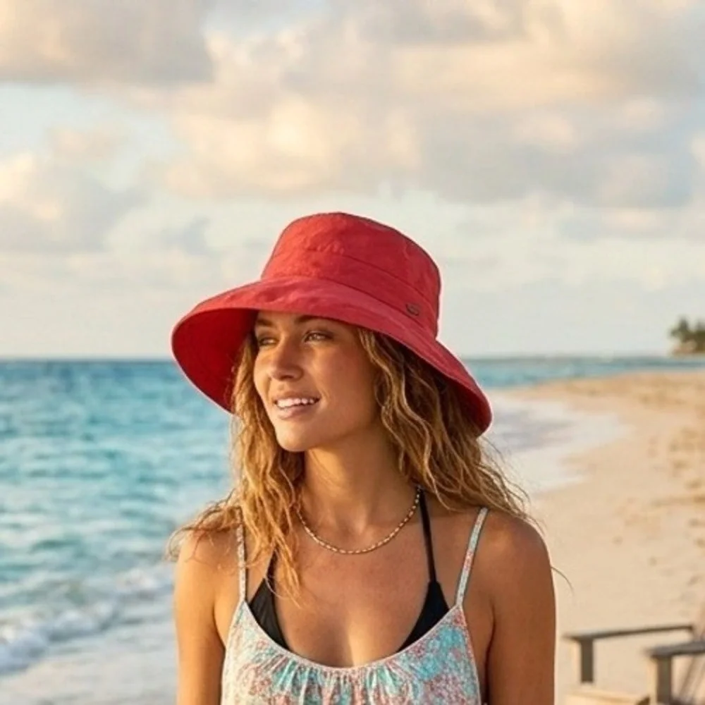 Scala Collezione Red Cotton Wide Brim Sun Hat Bucket Style Drawstring OS